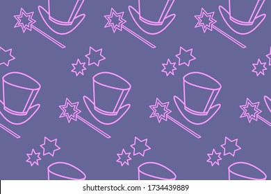 Seamless pattern with Icon, symbol of a magician, wizard or conjurer. Top hat, shiny magic wand. Blue purple pink vector texture. Party poster, advertising, banner, placard design template