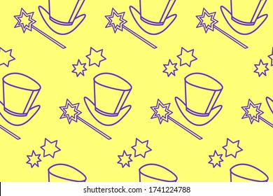 Seamless pattern with Icon, symbol of a magician, wizard or conjurer. Top hat, shiny magic wand. Yellow purple pink vector texture. Party poster, advertising, banner, placard design template