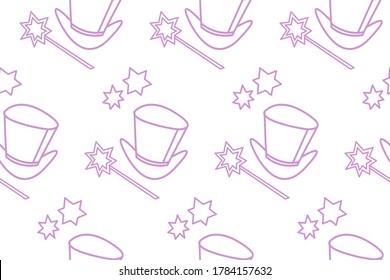 Seamless pattern with Icon, symbol of a magician, wizard or conjurer. Top hat, shiny magic wand. Vector background and texture. Party poster, advertising, banner, placard design template