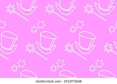 Seamless pattern with Icon, symbol of a magician, wizard or conjurer. Top hat, shiny magic wand. Vector background and texture. Party poster, advertising, banner, placard design template