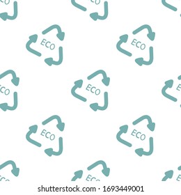 Seamless pattern with icon, symbol of reuse. Recycle sign. Eco cycle arrows. Less plastic, zero waste, eco friendly, waste reduce, sustainable lifestyle concepts. Flat. Vector stock illustration.