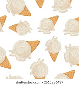 seamless pattern with an icon of a waffle cup with a scoop of white vanilla ice cream melting, for various summer designs