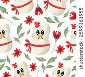 seamless pattern with an icon of a white rooster sitting in a white egg with a bow and red flowers, design for Easter decorations	