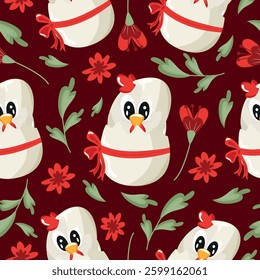 seamless pattern with an icon of a white rooster sitting in a white egg with a bow and red flowers on a red background, design for Easter decorations