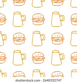 Seamless pattern of iconic burgers and beer mugs for food and beverage themes