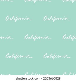 Seamless pattern with iconic california lettering isolated on light teal green background. Ready design for typography,t-shirt graphics,poster,print,banner,flyer,sticker, or postcard.