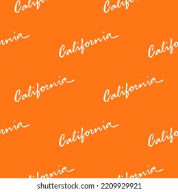 Seamless pattern with iconic california lettering isolated on bright orange background. Ready design for typography,t-shirt graphics,poster,print,banner,flyer,sticker, or postcard.