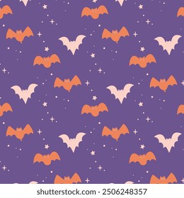 A seamless pattern of iconic Halloween elements in vector style. The design includes objects like pumpkins, ghosts, and witches, creating a visual texture perfect for Halloween-themed backgrounds