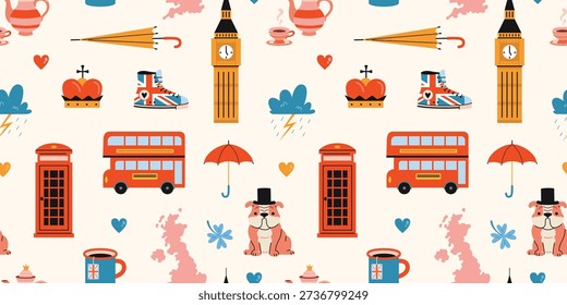 Seamless pattern with iconic London and British culture symbols like red bus, phone booth, umbrella, crown and map of the UK. Travel and England themed vector arts on light background, flat design