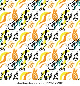 Seamless pattern with iconic symbols in calligraphic style of the Cuba on the background of guitar, rum, coffee, cocktail, pineapple, cigar. Calligraphy Cuba, vector. Travel to Cuba.