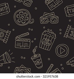 Seamless pattern of icons about the movie on a black background. Vector.