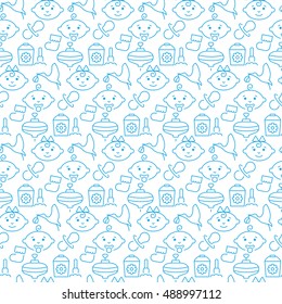 Seamless pattern with icons of baby items. Vector illustration.