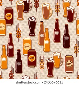 Seamless pattern with icons of beer bottle, cans, beer drink glasses, barley spikes on jute textured background. Good for branding, decoration of beer package, decorative print. Simple flat style