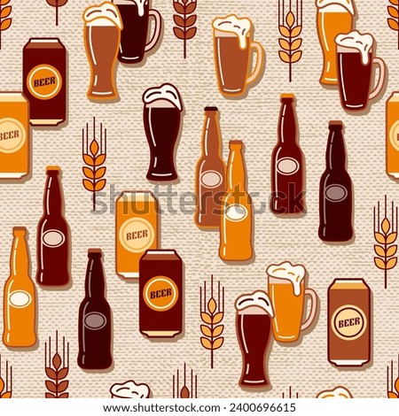 Seamless pattern with icons of beer bottle, cans, beer drink glasses, barley spikes on jute textured background. Good for branding, decoration of beer package, decorative print. Simple flat style