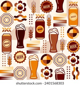 Seamless pattern with icons of beer glasses, beer can, abstract geometric shapes on white background. Good for branding, decoration of beer package, cover design, decorative print