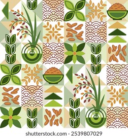 Padrão contínuo com ícones de arroz marrom, ornamento tradicional contorno asiático, formas geométricas em fundo de mosaico. Para marca, decoração de embalagem de alimentos, impressões