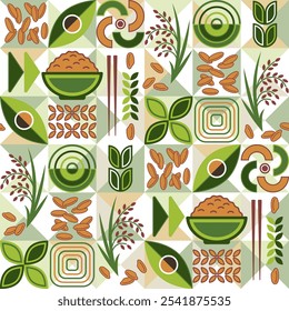 Seamless pattern with icons of brown rice, geometric shapes on mosaic background. For branding, decoration of food package, prints