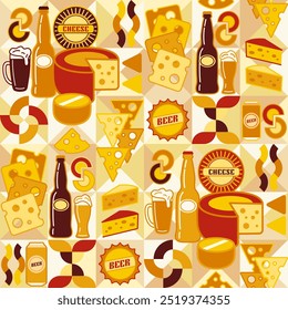 Seamless pattern with icons of Cheese, beer, abstract shapes in flat simple geometric style. White background. For branding, decoration of food packaging, textile kitchen prints