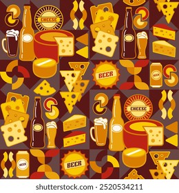 Seamless pattern with icons of Cheese, beer, abstract shapes in flat simple geometric style. Dark background. For branding, decoration of food packaging, textile kitchen prints