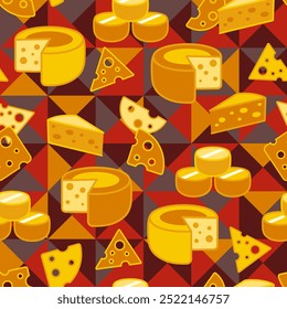 Patrón sin fisuras con iconos de rebanadas de queso, piezas y ruedas sobre fondo de mosaico oscuro. Estilo geométrico simple plano. Objetos dispersos aleatorios. Para branding, envases de alimentos, impresiones
