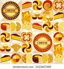 Nahtloses Muster mit Symbolen von Käse, Text, abstrakten Formen in flacher, einfacher geometrischer Form. Weißer Mosaikhintergrund. Für Branding, Dekoration von Lebensmittelverpackungen, Textil Küchenabdrücke