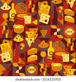 Padrão contínuo com ícones de Queijo, vinho, formas abstratas em estilo geométrico simples plano. Fundo de mosaico escuro. Para a marca, decoração do pacote de alimentos, impressões de cozinha têxtil