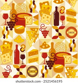 Seamless pattern with icons of Cheese, wine, abstract shapes in flat simple geometric style. White background. For branding, decoration of food packaging, textile kitchen prints