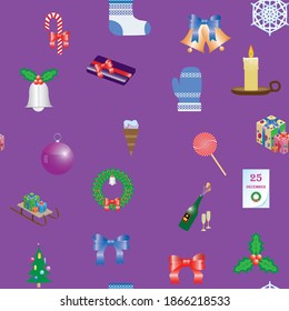 Seamless pattern with icons of Christmas symbols. Vector illustration