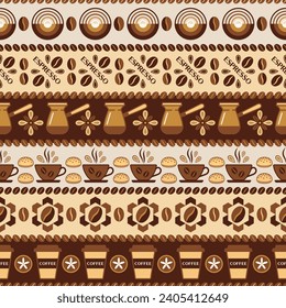 Nahtloses Muster mit Symbolen aus Kaffeetasse, Brik, Bohnen, geometrischen Formen. Horizontal gestreifter Hintergrund. Gut für Branding, Dekoration des Kaffeepakets, dekorativer Druck. Einfache, flache Einrichtung