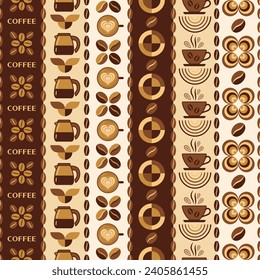 Seamless pattern with icons of coffee cup, pot, beans, geometric shapes. Vertical striped background. Good for branding, decoration of coffee package, decorative print. Simple flat style