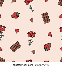 Seamless pattern icons concept of Valentine s day. Vector doodle romantic accessories a chocolate bar, chocolate covered strawberries, a bouquet of flowers