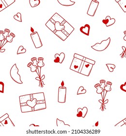 Seamless pattern icons concept of Valentine s day. Vector doodle romantic accessories candles hearts glasses of wine, flower gift lips