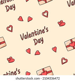 Seamless pattern icons concept of Valentine s day. Vector doodle romantic accessories gift boxes and hearts