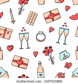 Seamless pattern icons concept of Valentine s day. Vector doodle romantic accessories candles hearts ring bottle and glasses of wine, strawberry chocolate gift lips