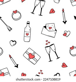 Seamless pattern icons concept of Valentine s day. Vector doodle romantic accessories candles hearts ring bottle and glasses of wine, strawberry chocolate gift lips.