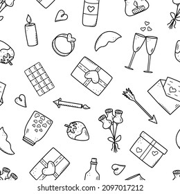 Seamless pattern icons concept of Valentine's day. Vector doodle romantic accessories candles hearts ring bottle and glasses of wine, strawberry chocolate gift lips