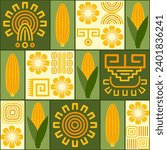 Seamless pattern with icons of corn cob, corn grains, ethnic mesoamerican ornament on square grid background. For branding, decoration of food package