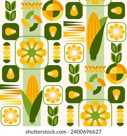 Seamless pattern with icons of corn cob, corn grains, abstract geometric shapes on white background. For branding, decoration of food package, decorative print for kitchen