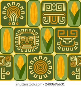 Seamless pattern with icons of corn cob, corn grains, ethnic mesoamerican ornament, shapes on square grid background. For branding, decoration of food package, decorative print for kitchen