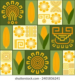 Seamless pattern with icons of corn cob, corn grains, ethnic mesoamerican ornament on square grid background. For branding, decoration of food package