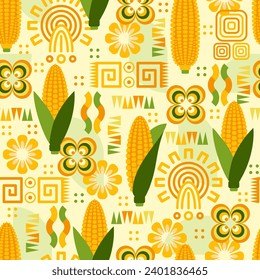 Seamless pattern with icons of corn cob, corn grains, ethnic mesoamerican ornament, geometric shapes For branding, decoration of food package