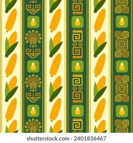 Seamless pattern with icons of corn cob, corn grains, ethnic mesoamerican ornament on vertical stripes. For branding, decoration of food package 