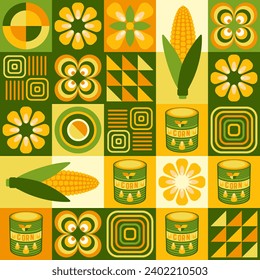 Seamless pattern with icons of corn cob, corn grains, canned corn, abstract geometric shapes on square grid background. For branding, decoration of food package, decorative print for kitchen