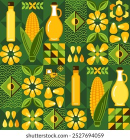 Padrão contínuo com ícones de maçaroca de milho, óleo de milho, grãos de milho, formas geométricas em mosaico fundo verde escuro. Para marca, decoração de embalagens de alimentos, impressão decorativa para cozinha