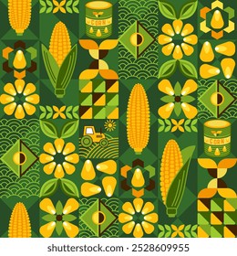 Padrão sem costura com ícones de maçaroca de milho, grãos de milho, milho em lata, grãos de milho, formas geométricas em mosaico fundo verde-escuro. Para marca, decoração de embalagens de alimentos, impressões