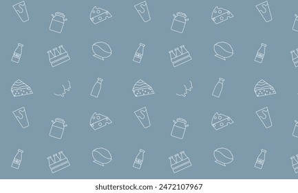 patrón sin costuras con iconos de productos lácteos. leche, lata de leche, queso, kéfir, requesón, vaca, ubre Ilustración vectorial mínima.