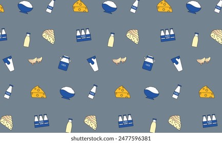 seamless pattern with icons of dairy products. milk, milk can, cheese, kefir, cottage cheese, cow, udder minimal vector illustration.