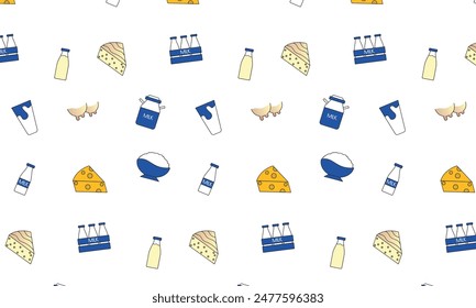 seamless pattern with icons of dairy products. milk, milk can, cheese, kefir, cottage cheese, cow, udder minimal vector illustration.