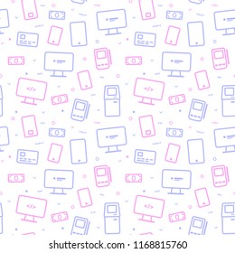 Seamless pattern with icons devices symbols of finance, ecommerce, payment and lettering