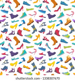 Seamless pattern. Icons of different randomly arranged shoes. Sneakers, loafers, ballet shoes, cowboy boots, sports, with and without heel. Vector flat style illustration isolated on white background.